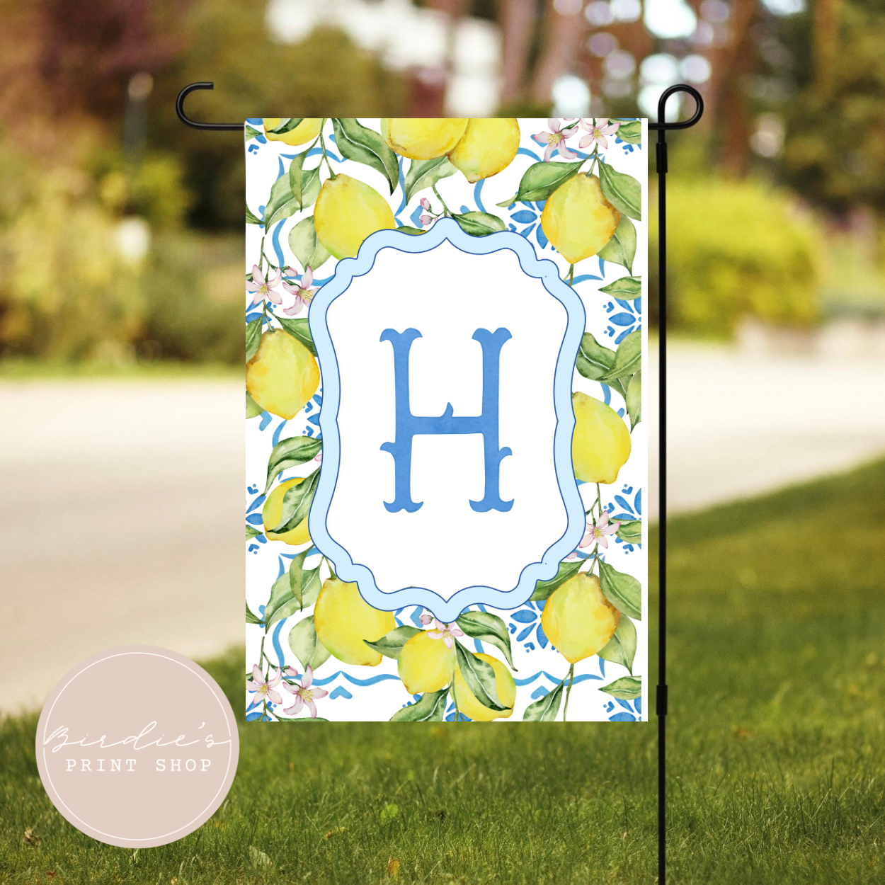 Preppy Lemon Blue Crest Garden Flag